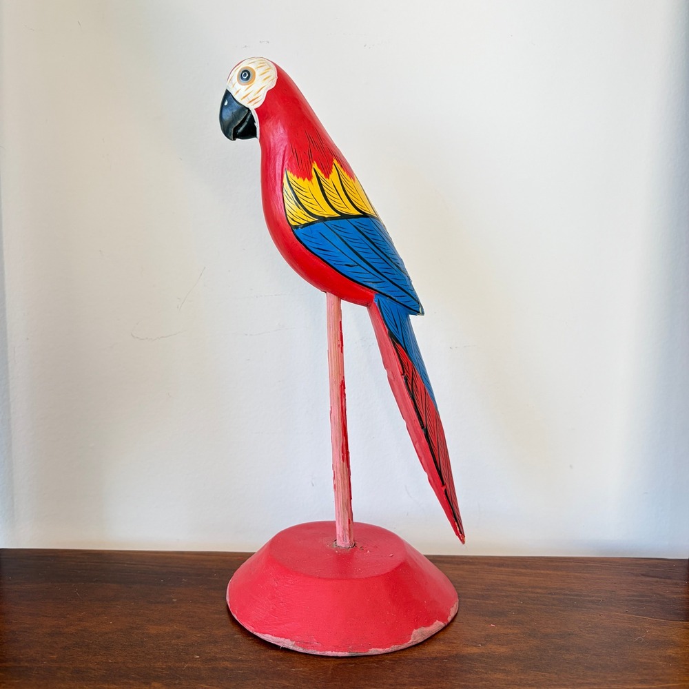 Vintage Hand Painted Wooden Parrot Macaw Folk Art Figurine Red Yellow Blue 10.5"